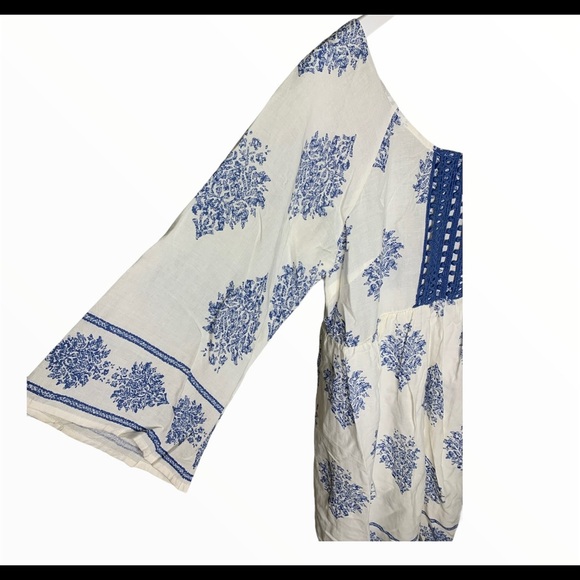 ENTRO Anthropologie Boho Lace Dress With Flowy 3/4 Sleeves Ivory/Blue Sz Medium - Picture 8 of 10